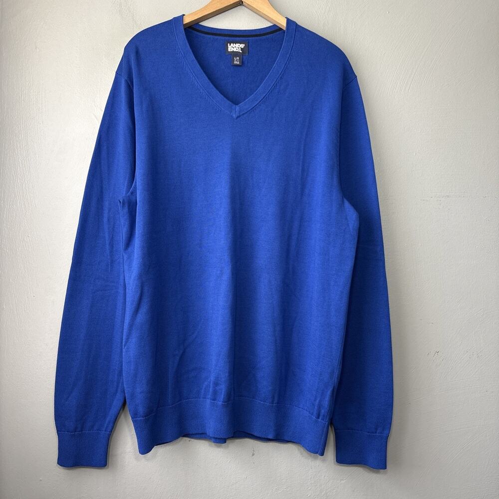 Lands End Sweater Mens Size LT Large Tall Blue V-neck Career Preppy 100% Cotton